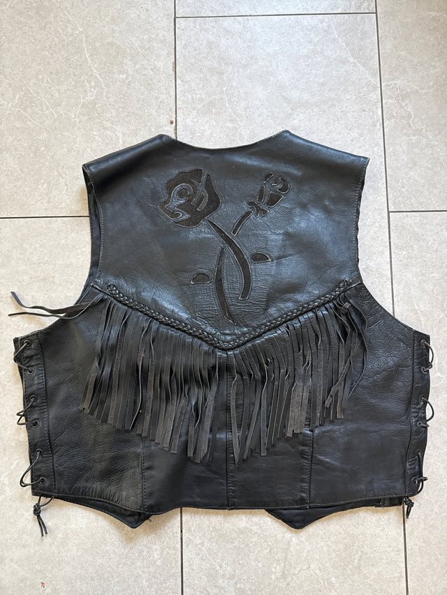 Vintage 1990s Women’s Allstate Leather Fringe Biker Vest Black with ABATE Pins Size M