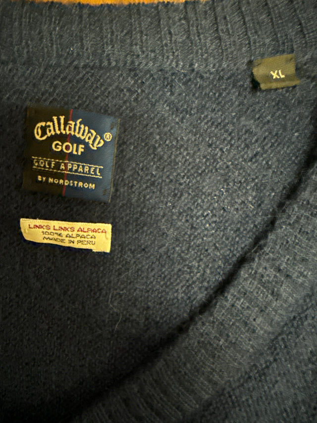 Vintage 90s Callaway Golf Alpaca Sweater XL Navy Blue Nordstrom Argyle Sleeve