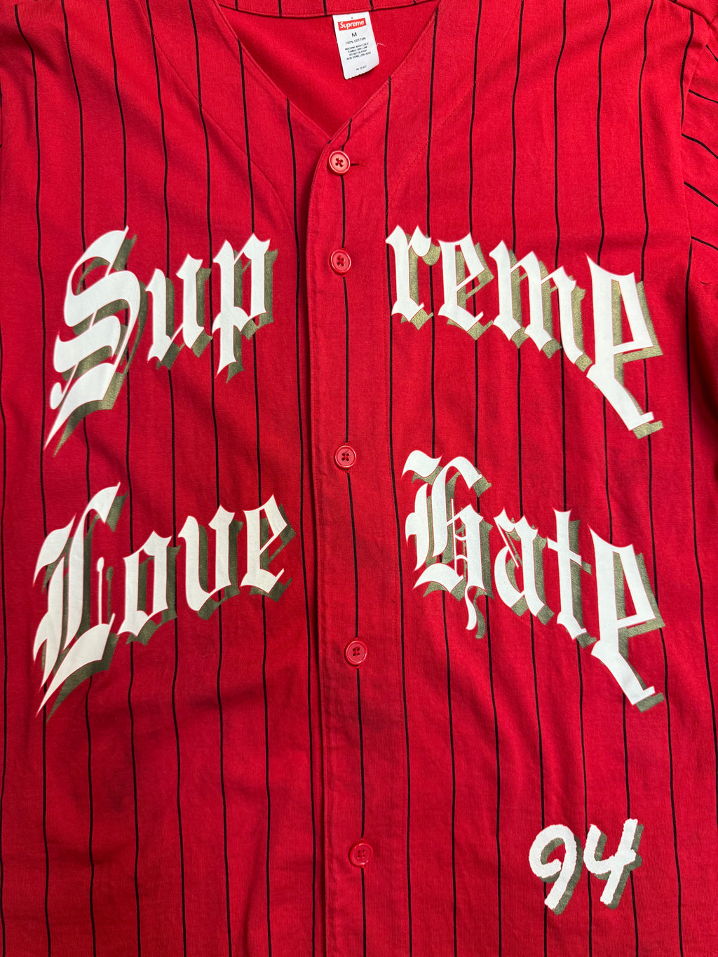 Supreme “Love Hate” Baseball Jersey - Red Pinstripe (SS15, Size M