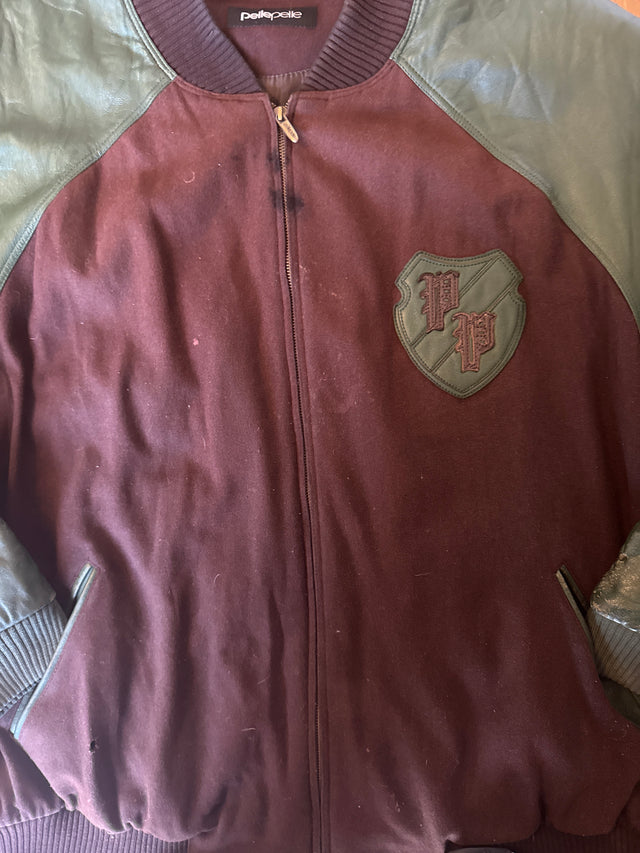 Y2K Pelle Pelle Wool Leather Varsity Bomber Jacket Brown Green 4XL