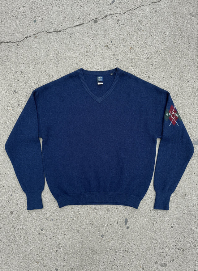 Vintage 90s Callaway Golf Alpaca Sweater XL Navy Blue Nordstrom Argyle Sleeve