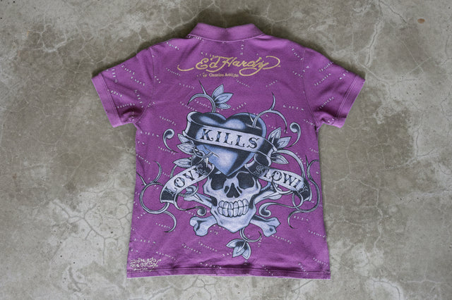Y2K Ed Hardy Kills Love Slowly Skull Polo Shirt Size XL 2000s