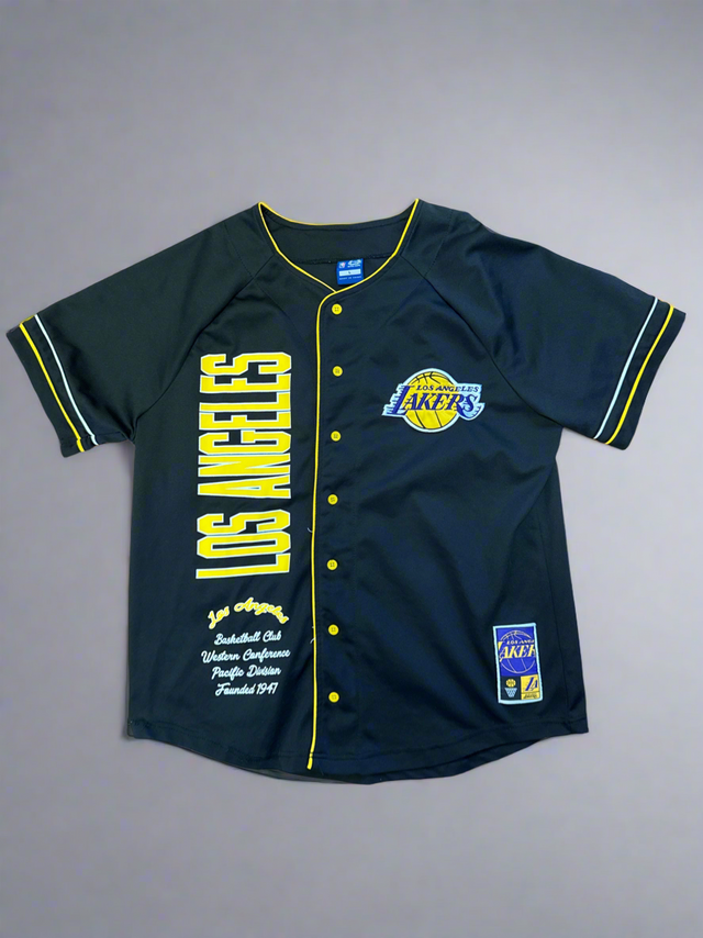 Los Angeles Lakers Ultra Game Button-Up Baseball Jersey – Black & Yellow Trim (Men’s Large)