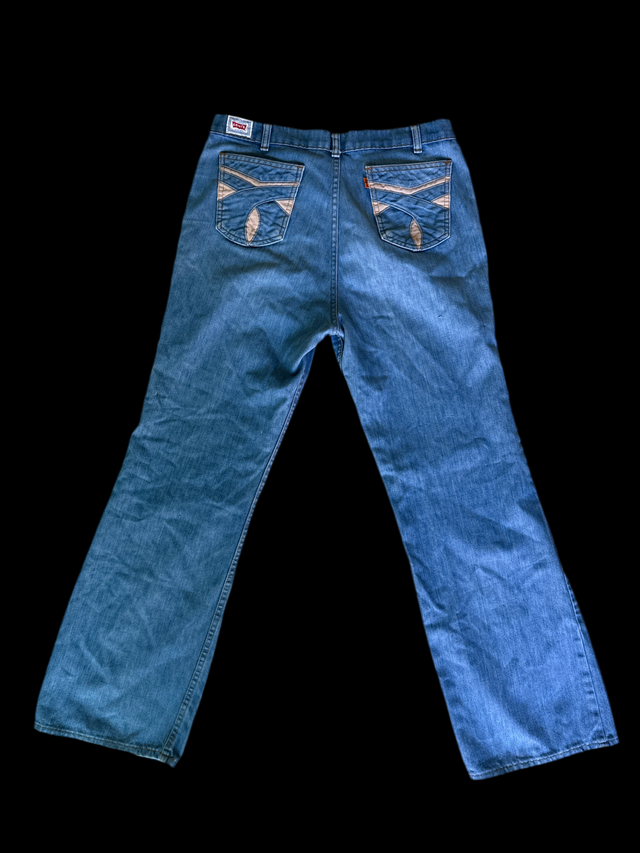 Vintage 1970s Levi’s SF 207 Wide Leg Jeans Corduroy Inlay Pockets Blue Denim