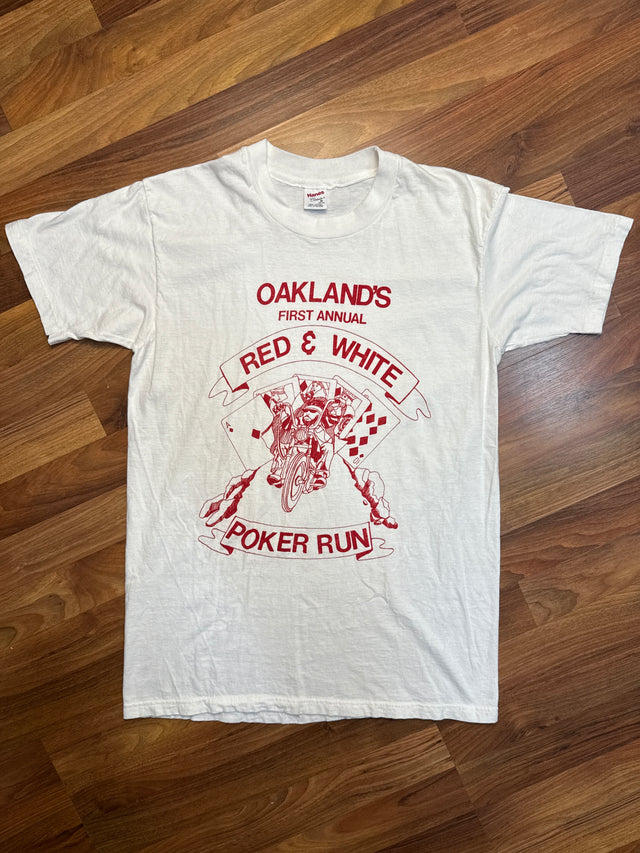 Vintage 1992 Oakland Red & White Poker Run Tee – Hanes USA Single Stitch (Size M)