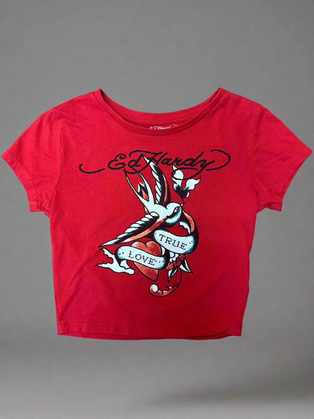 Women’s Ed Hardy “True Love” Red Crop Top Tee Tattoo Swallow Graphic, Y2K Revival (Size S)