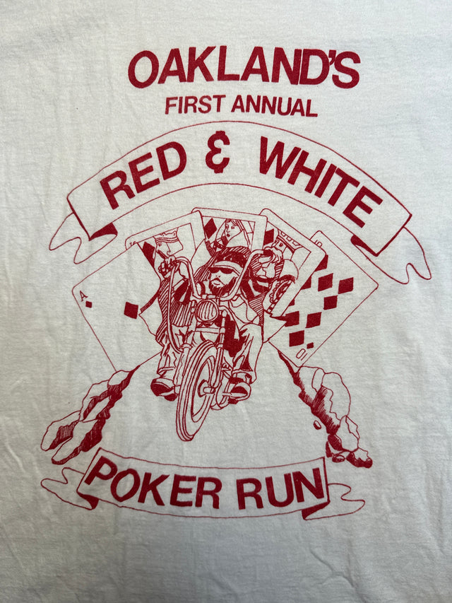 Vintage 1992 Oakland Red & White Poker Run Tee – Hanes USA Single Stitch (Size M)