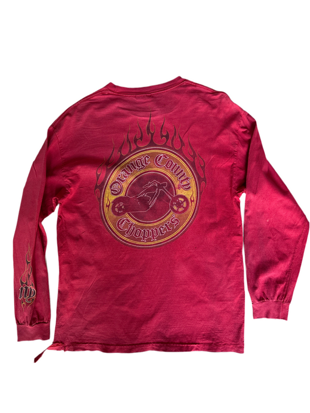 Vintage 2000s Y2K Orange County Choppers Flame Long Sleeve T-Shirt Red (Size L)