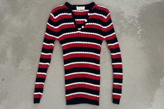 Vintage 1970s Stripe Rib Knit Henley Sweater Red Black Size M