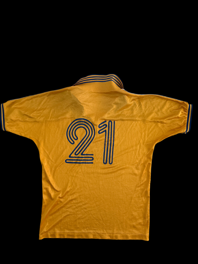 Vintage 1970s Pan World S.C. Soccer Jersey #21 by Peter Green Ltd. – Yellow/Blue