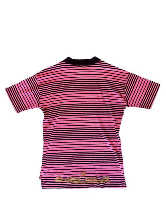Vintage 80s Moondog Striped Surf Tee – Pink/Black w/ Gold Embroidery (USA Made, Size L)