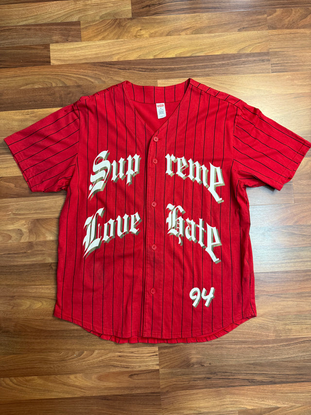 Supreme “Love Hate” Baseball Jersey - Red Pinstripe (SS15, Size M)