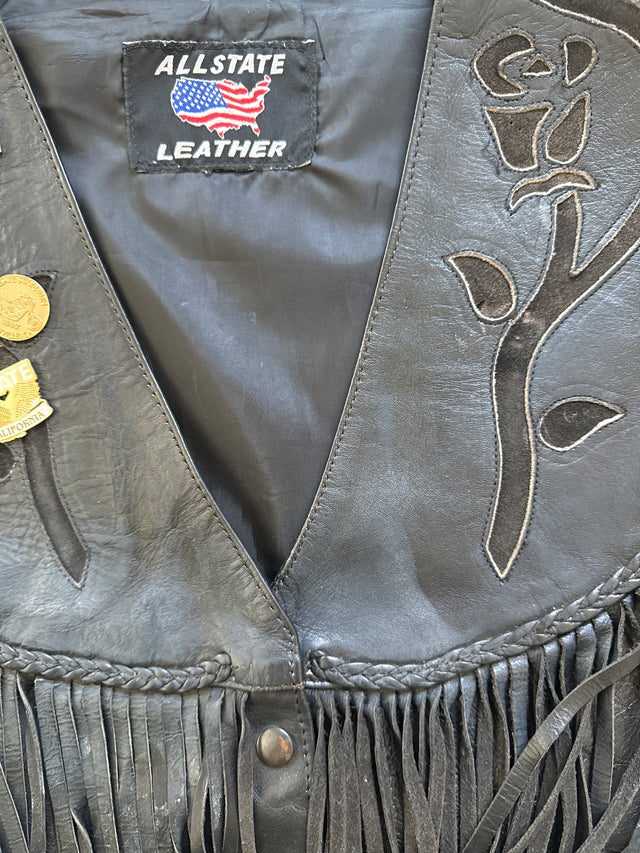 Vintage 1990s Women’s Allstate Leather Fringe Biker Vest Black with ABATE Pins Size M