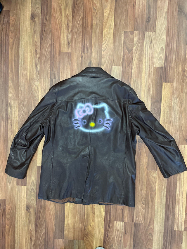 Y2K Brown Leather Hello Kitty Graf Jacket 46