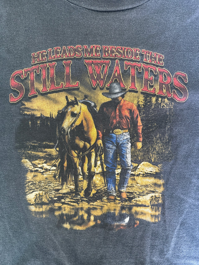 Vintage 90s “Still Waters” Cowboy Christian Graphic Tee – Made in USA – L