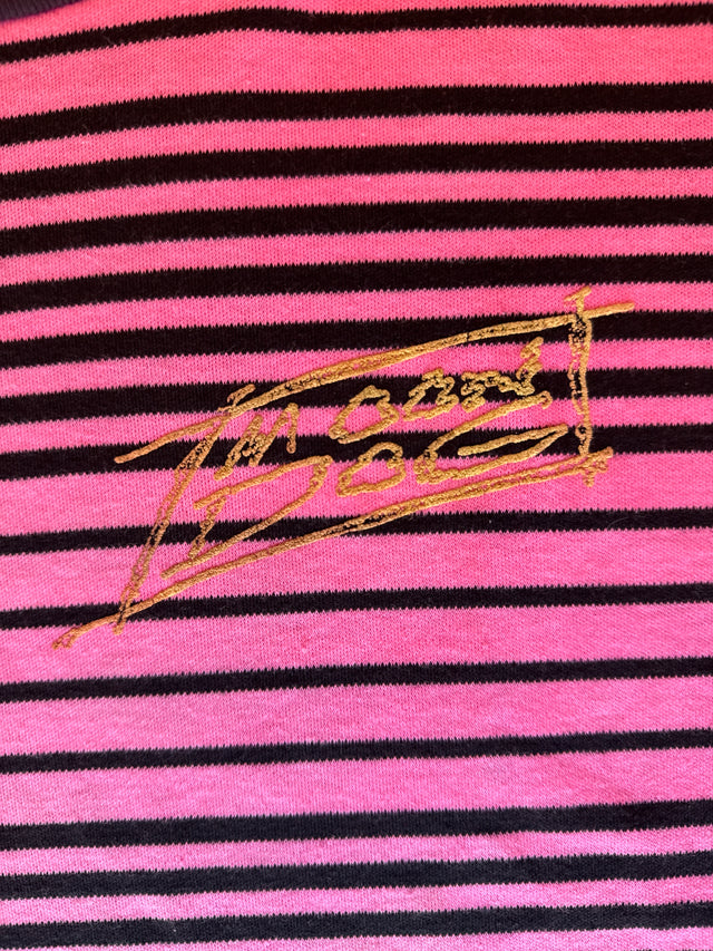 Vintage 80s Moondog Striped Surf Tee – Pink/Black w/ Gold Embroidery (USA Made, Size L)