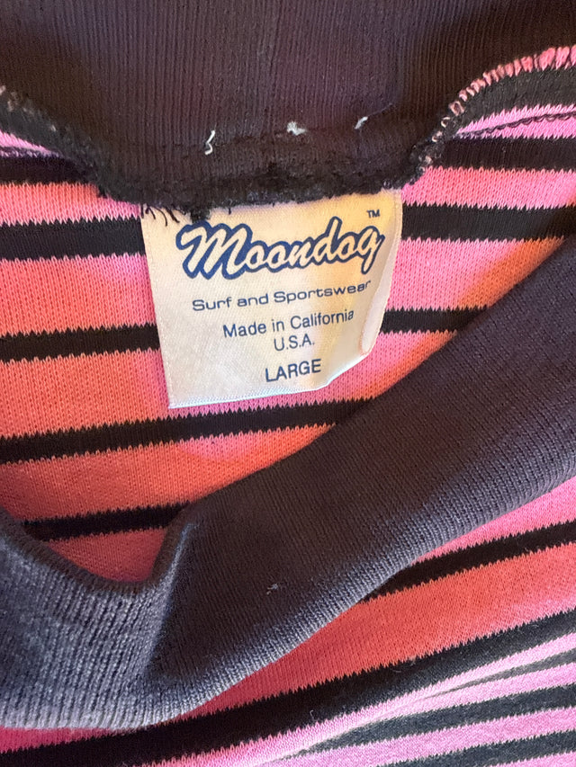 Vintage 80s Moondog Striped Surf Tee – Pink/Black w/ Gold Embroidery (USA Made, Size L)