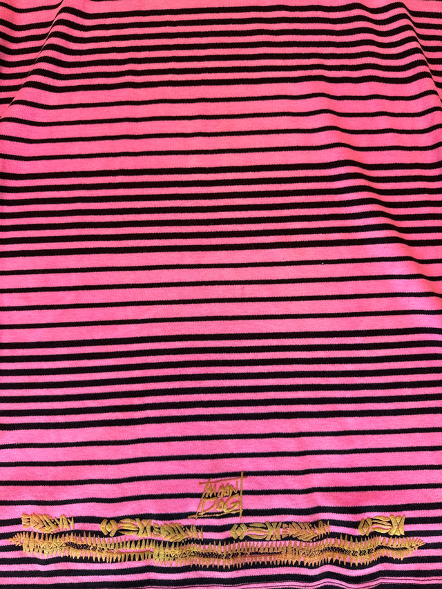 Vintage 80s Moondog Striped Surf Tee – Pink/Black w/ Gold Embroidery (USA Made, Size L)