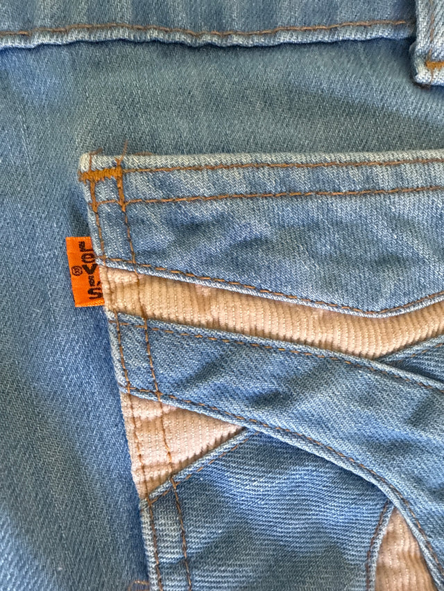 Vintage 1970s Levi’s SF 207 Wide Leg Jeans Corduroy Inlay Pockets Blue Denim