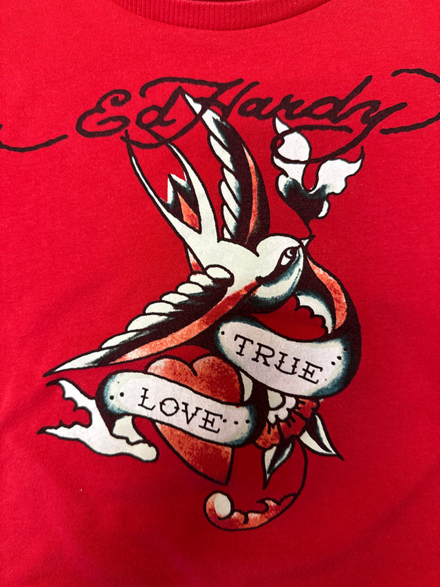 Women’s Ed Hardy “True Love” Red Crop Top Tee Tattoo Swallow Graphic, Y2K Revival (Size S)