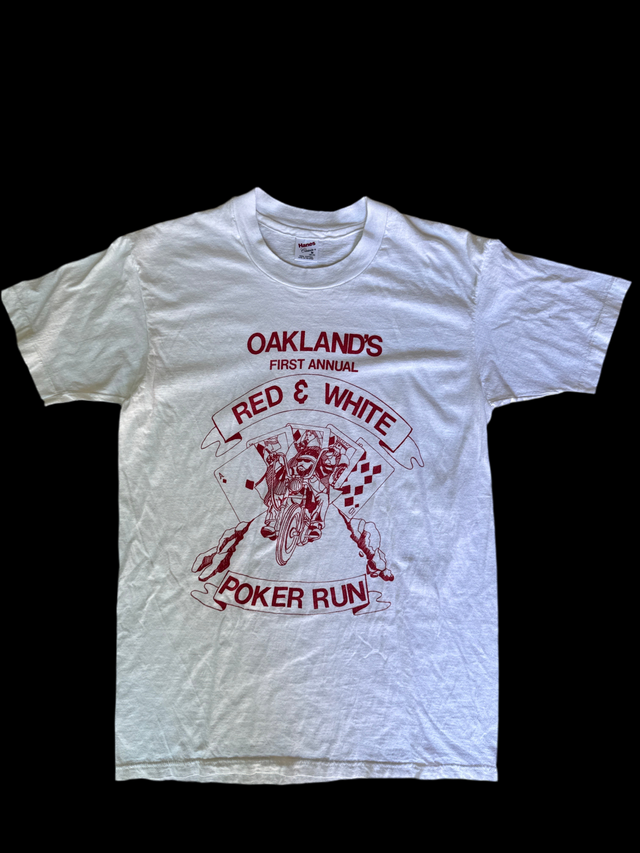 Vintage 1992 Oakland Red & White Poker Run Motorcycle T-Shirt – Hanes Classics – Size M