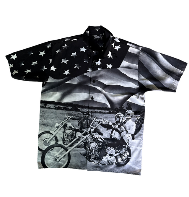 Vintage Dragonfly Easy Rider Biker Shirt – Stars & Stripes USA Flag Motorcycle Button-Up (Size L)