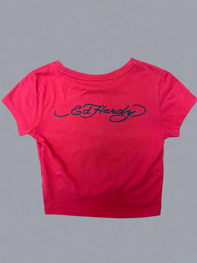 Women’s Ed Hardy “True Love” Red Crop Top Tee Tattoo Swallow Graphic, Y2K Revival (Size S)