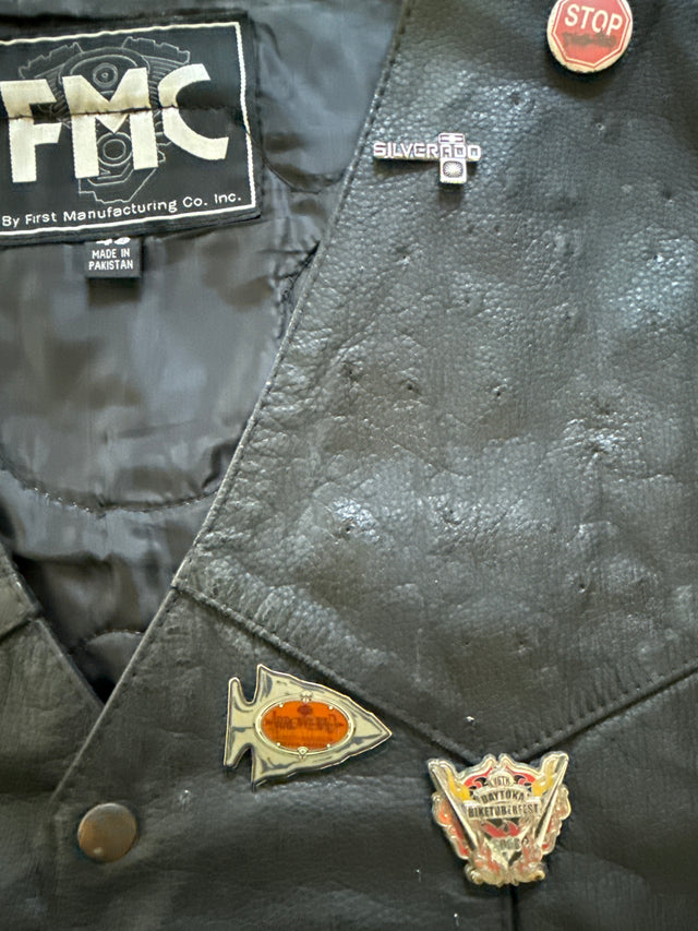 2008 FMC Harley-Davidson Eagle Leather Biker Vest Size 48 XL with ABATE Pins & 2008 Daytona Bike Week Pin