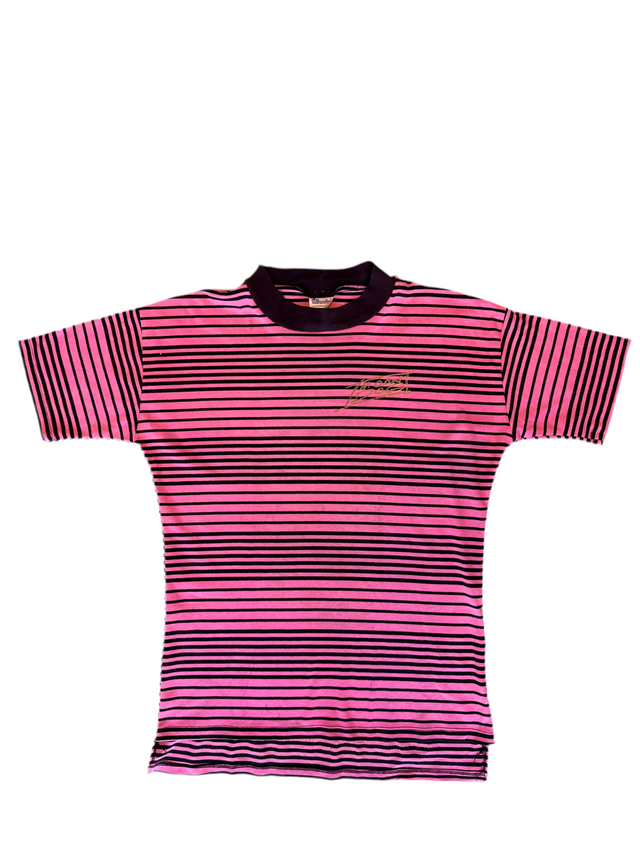 Vintage 80s Moondog Striped Surf Tee – Pink/Black w/ Gold Embroidery (USA Made, Size L)