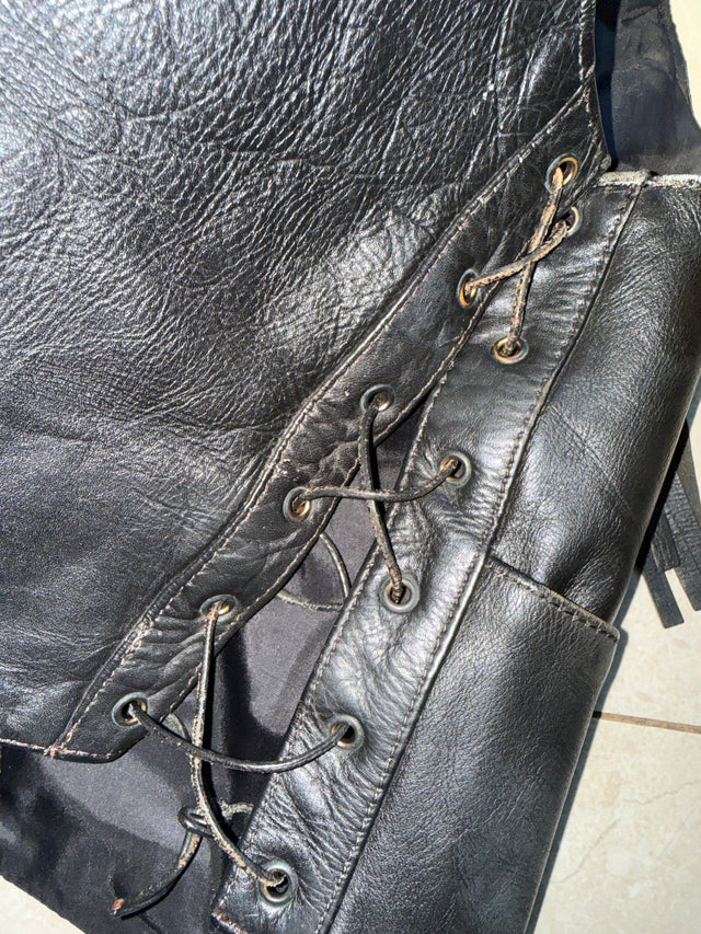 Vintage 1990s Women’s Allstate Leather Fringe Biker Vest Black with ABATE Pins Size M