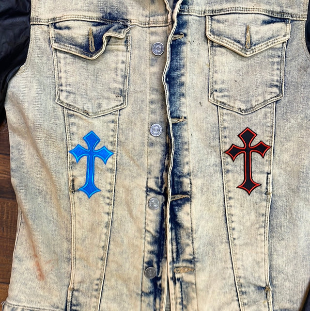 Custom Cross Patches Denim Biker Jacket