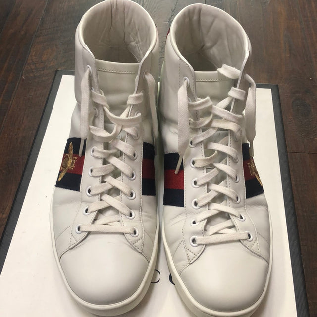 Gucci Bee Ace High-Top Sneakers White Leather Size 8.5