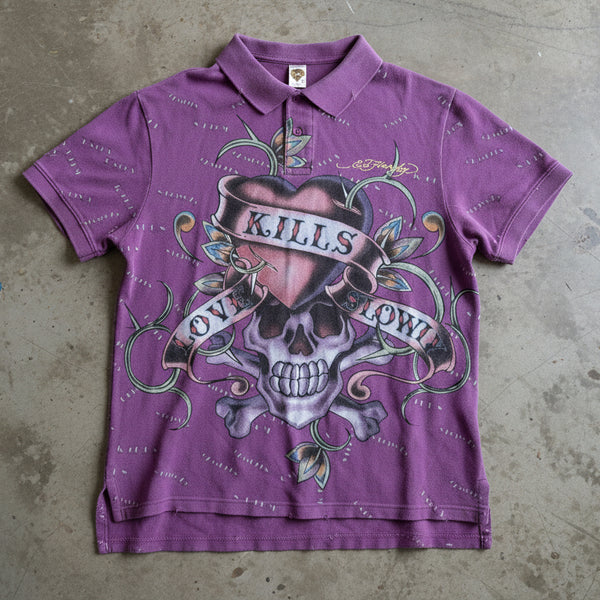 Y2K Ed Hardy Kills Love Slowly Skull Polo Shirt Size XL 2000s
