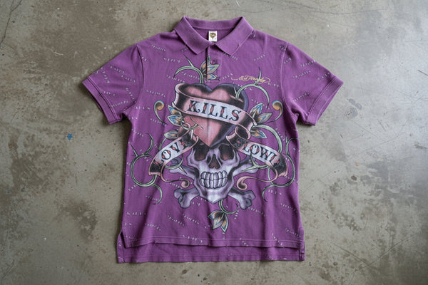 Y2K Ed Hardy Kills Love Slowly Skull Polo Shirt Size XL 2000s
