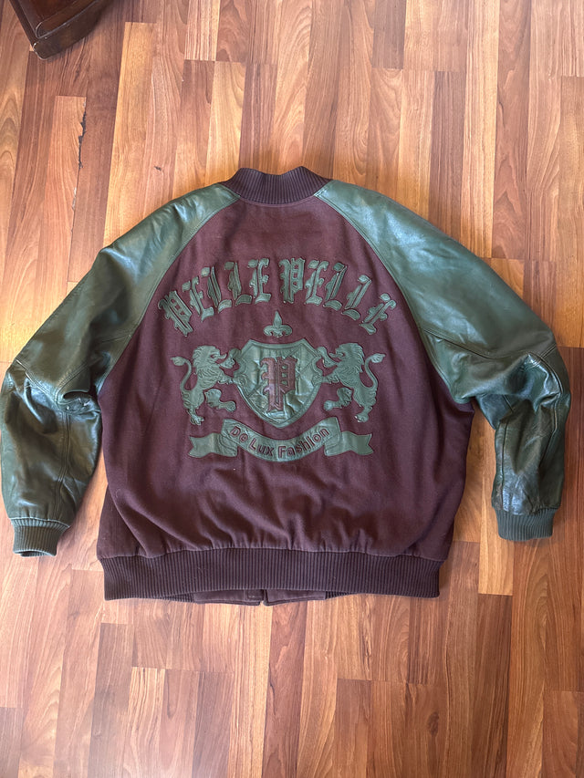 Y2K Pelle Pelle Wool Leather Varsity Bomber Jacket Brown Green 4XL