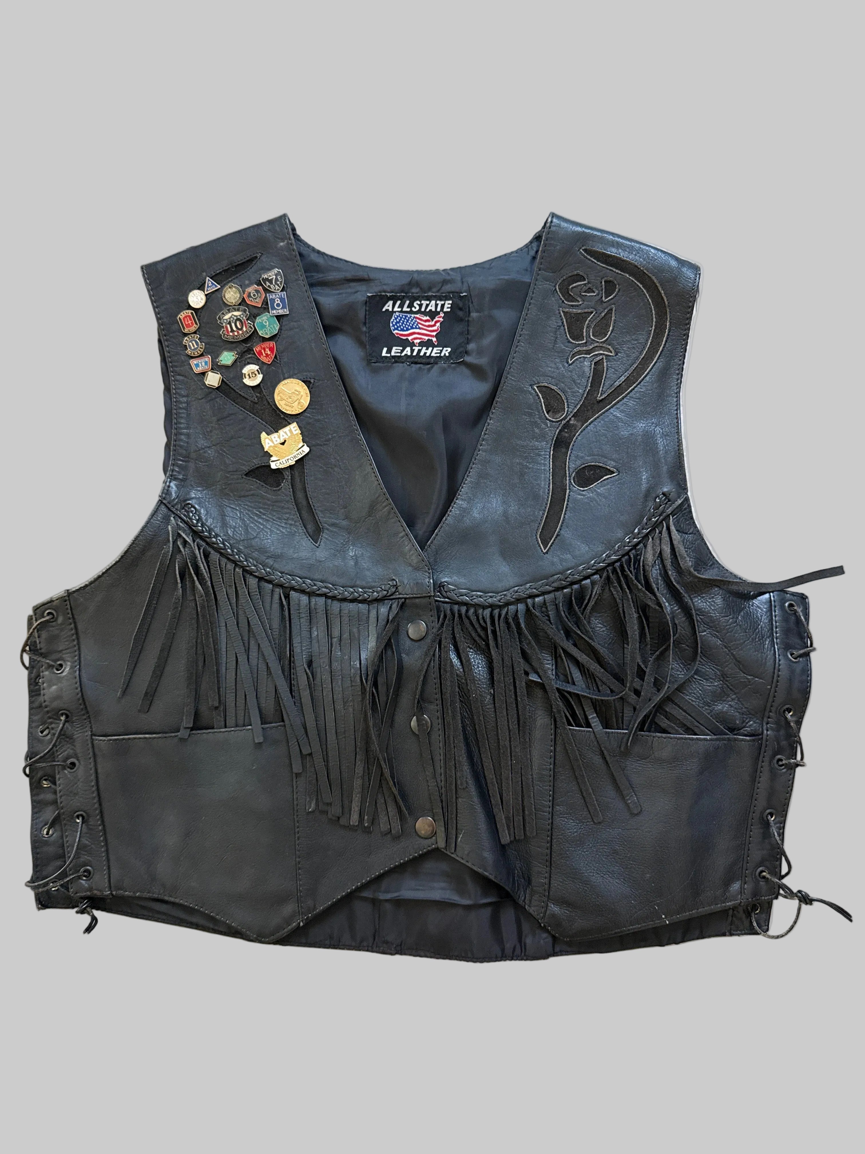 Vintage 1990s Women's Allstate Leather Fringe Biker Vest Black