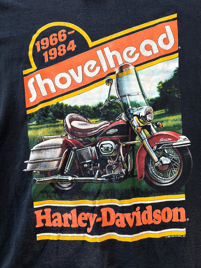 Vintage 1991 Holoubek Harley-Davidson Shovel-head T-Shirt Stubbs Houston TX Back Hit (XL, Made in USA)