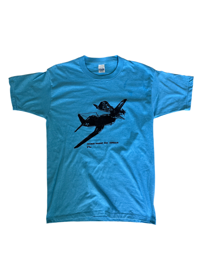 Vintage 1982 Chance Vought F4U Corsair Plane T-Shirt – Healthknit USA – Blue (Size L)