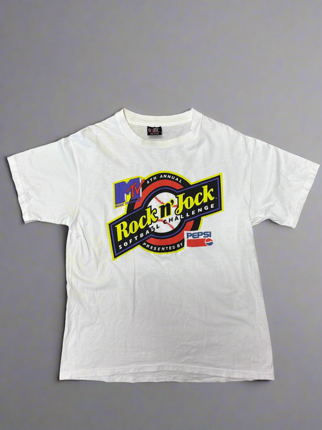 Vintage 1993 MTV Rock N’ Jock Softball Challenge T-Shirt Giant Tag – XL Made in USA