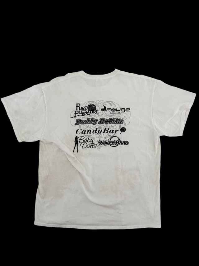 Vintage 2000s Richmond VA Strip Club Promo T-Shirt Problem Solved Graphic, Paper Moon Club Rouge Daddy Rabbits Pure Pleasure Candy Bar Baby Dolls Size XL