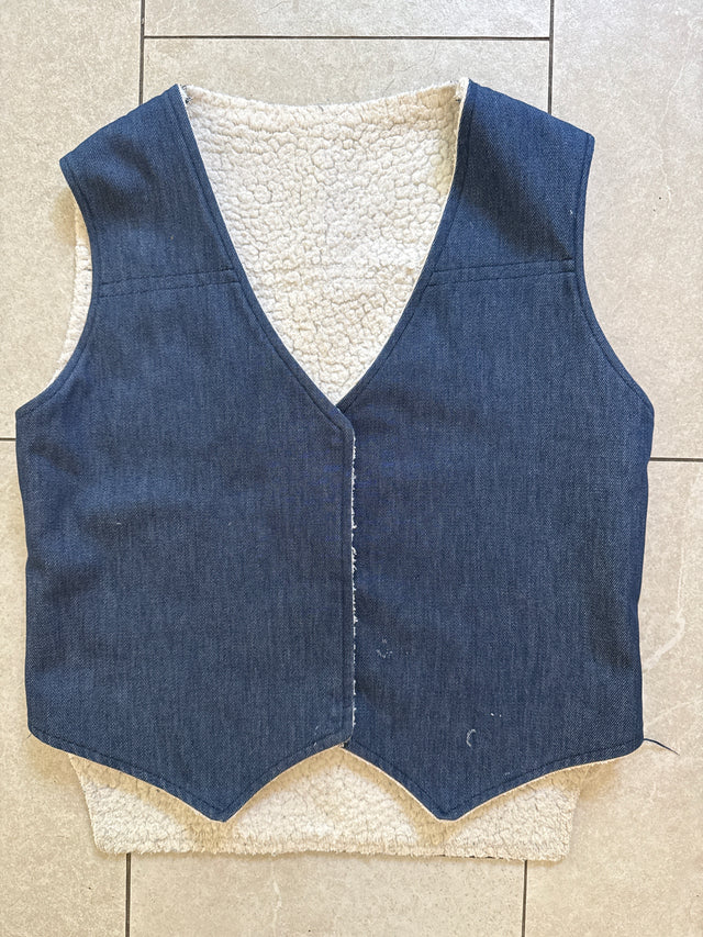 Vintage 1970s Sherpa Lined Denim Vest Handmade Amish Country Blue Jean Vest USA Small
