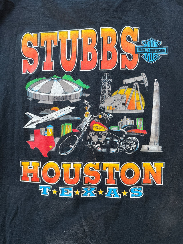 Vintage 1991 Holoubek Harley-Davidson Shovel-head T-Shirt Stubbs Houston TX Back Hit (XL, Made in USA)