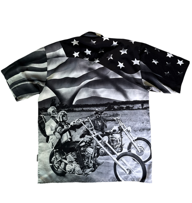 Vintage Dragonfly Easy Rider Biker Shirt – Stars & Stripes USA Flag Motorcycle Button-Up (Size L)