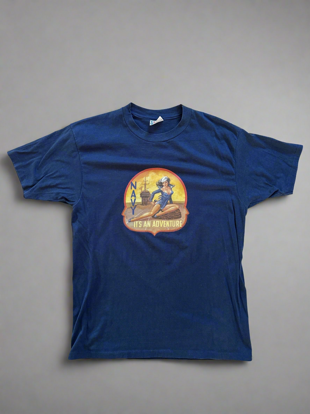 Vintage 1980s Navy “It’s An Adventure” Pin-Up Tee – XL – Made in USA Hanes Fifty-Fifty