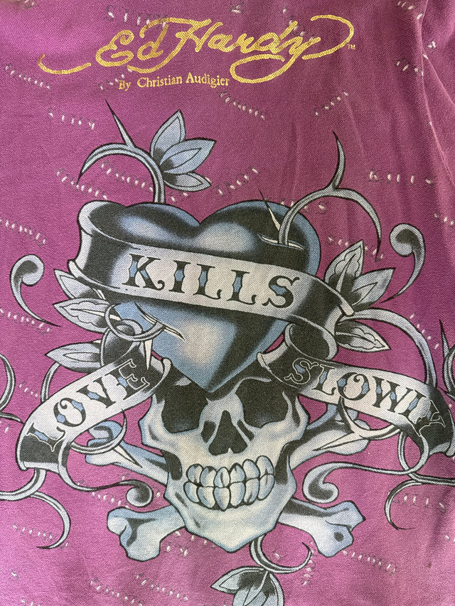 Y2K Ed Hardy Kills Love Slowly Skull Polo Shirt Size XL 2000s