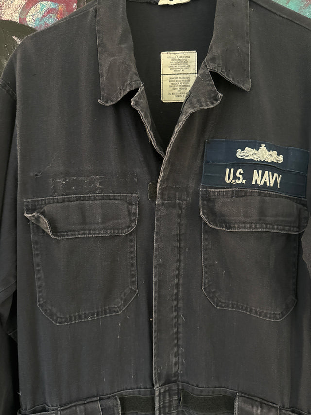 Vintage U.S. Navy Flame-Resistant Coveralls – Submarine Warfare Badge – Approx 1981 – Size Large