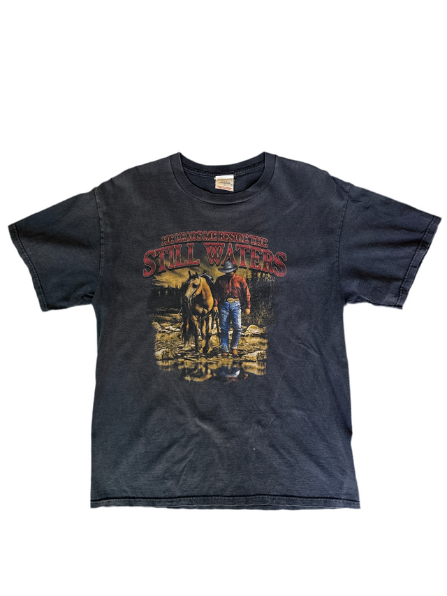 Vintage 90s “Still Waters” Cowboy Christian Graphic Tee – Made in USA – L