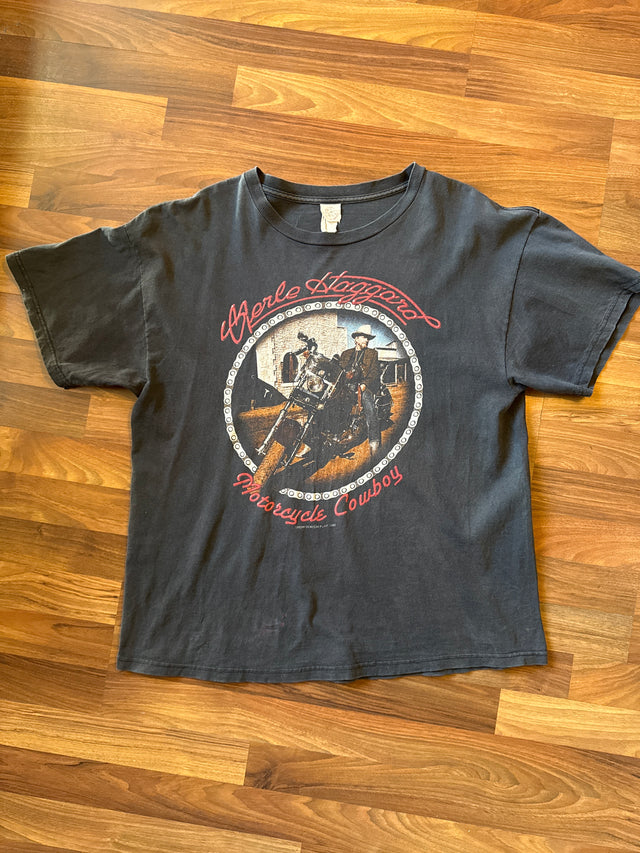 Vintage 2002 Merle Haggard Motorcycle Cowboy Promo Tee Faded Black XL