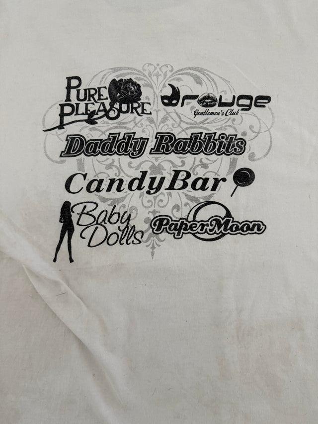 Vintage 2000s Richmond VA Strip Club Promo T-Shirt Problem Solved Graphic, Paper Moon Club Rouge Daddy Rabbits Pure Pleasure Candy Bar Baby Dolls Size XL