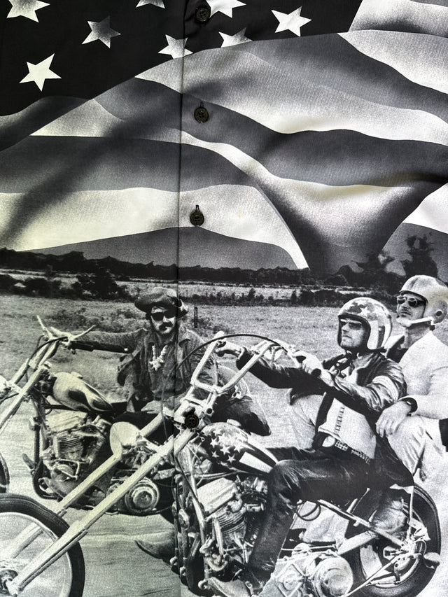 Vintage Dragonfly Easy Rider Biker Shirt – Stars & Stripes USA Flag Motorcycle Button-Up (Size L)